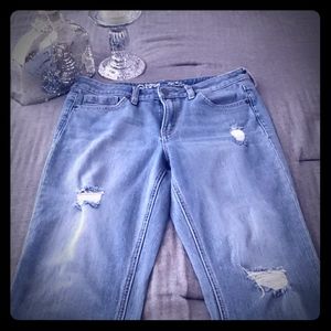 Distressed high rise straight cropped jeans